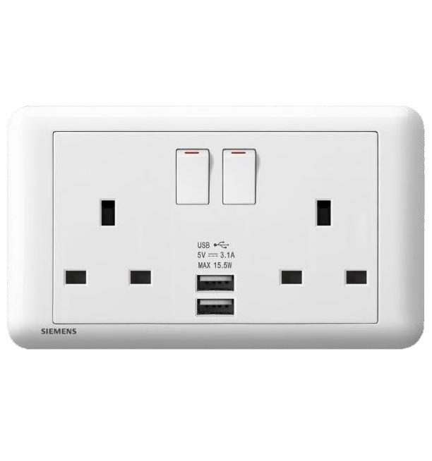 西門子 DELTA®seata 13A雙位開關插座 (帶USB插頭)