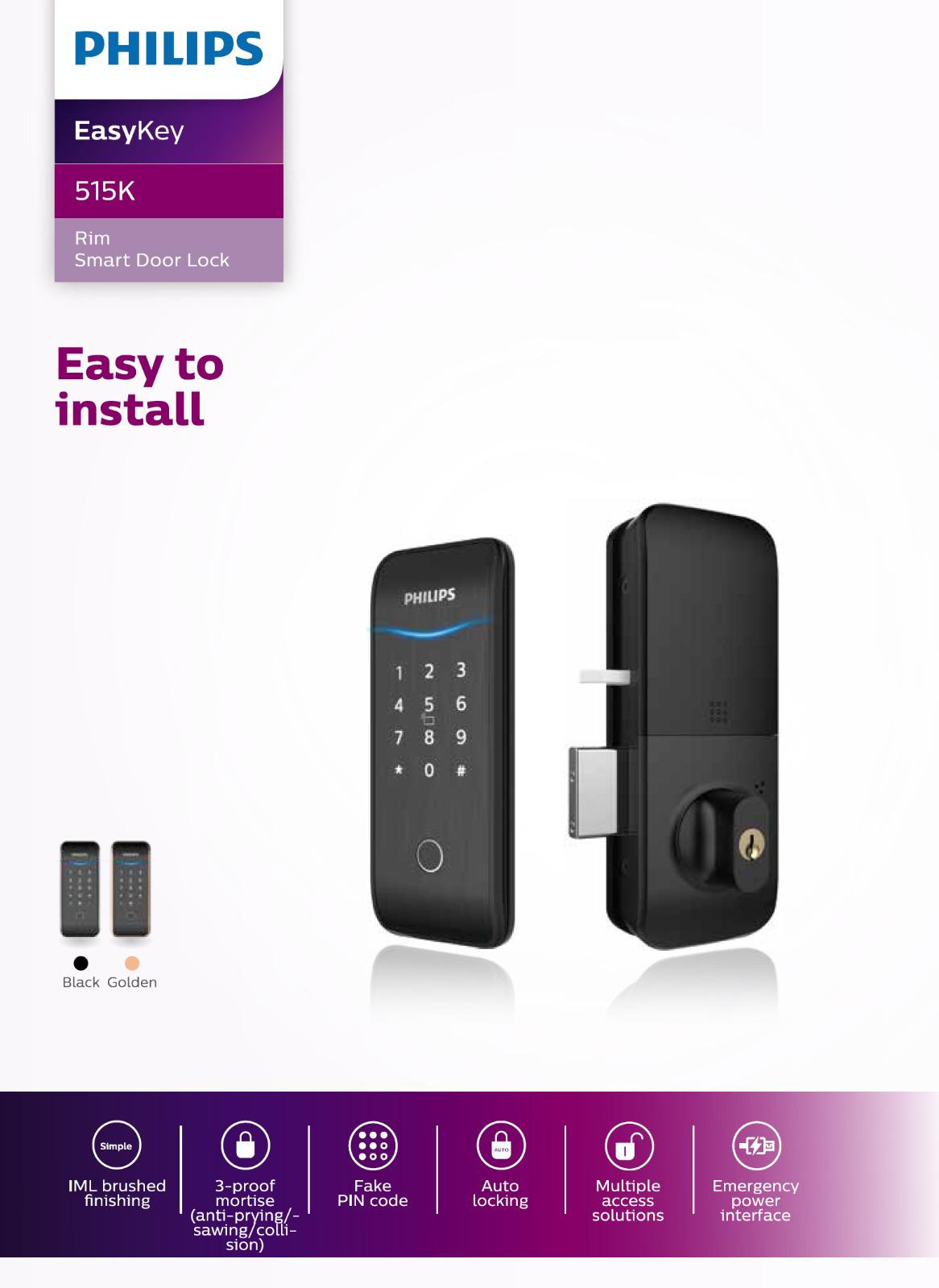 Philips 飛利浦 輔助式智能門鎖 EASYKEY 515K (包基本安裝) | 幫助家中打造智能家居 - LINKO Shop