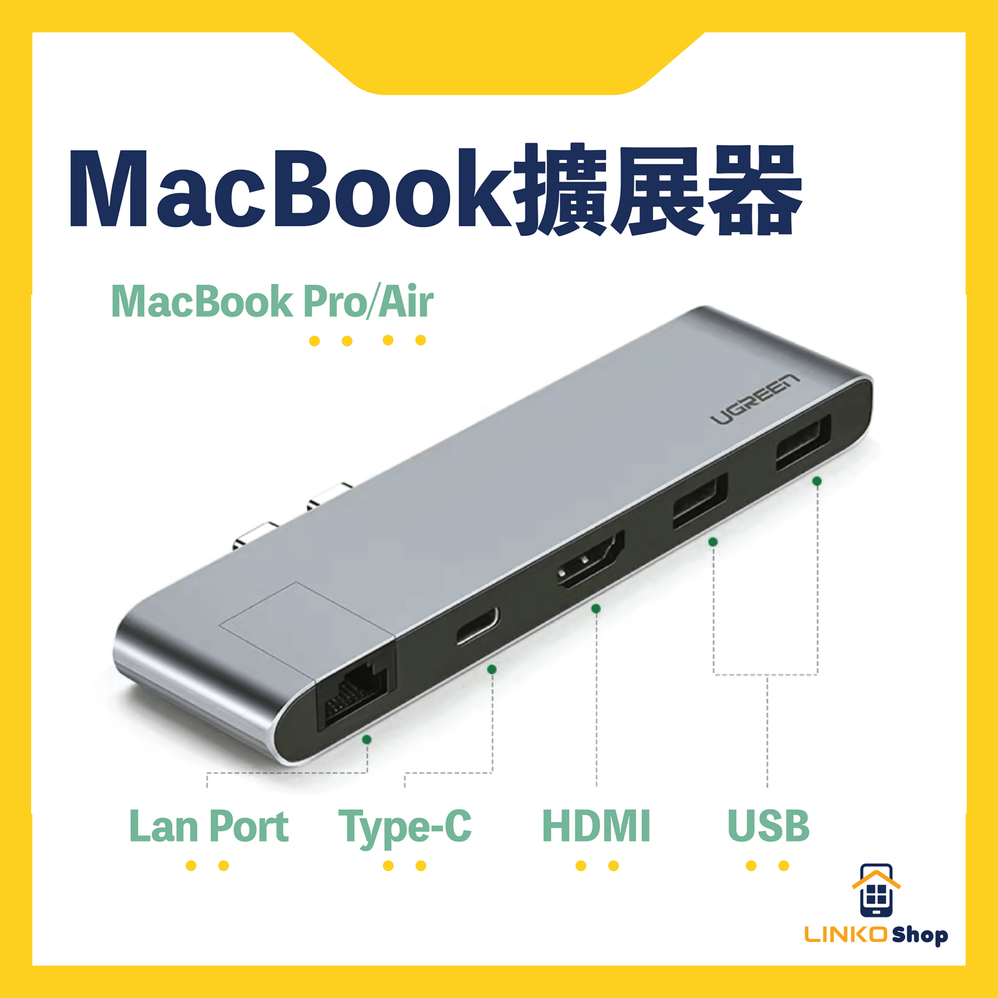 UGREEN 5合一 MacBook Air/Pro Type-C多功能雙頭擴充器 (Hdmi/usb/sd/tf插口) - LINKO Shop