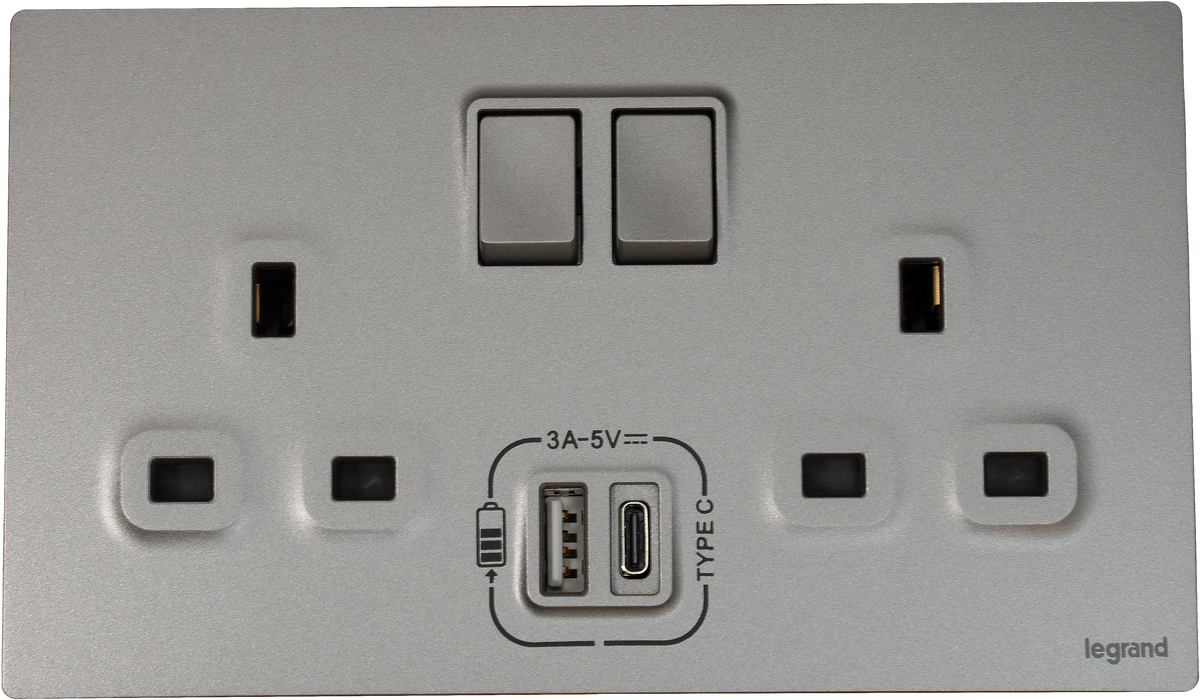 Legrand Mallia Senses 13A 孖蘇有掣連Type A+C USB 深沙銀