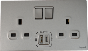 Legrand Mallia Senses 13A 孖蘇有掣連Type A+C USB 深沙銀