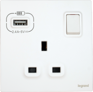 Legrand Mallia Senses 13A 單蘇有掣連Type A USB 陶瓷白
