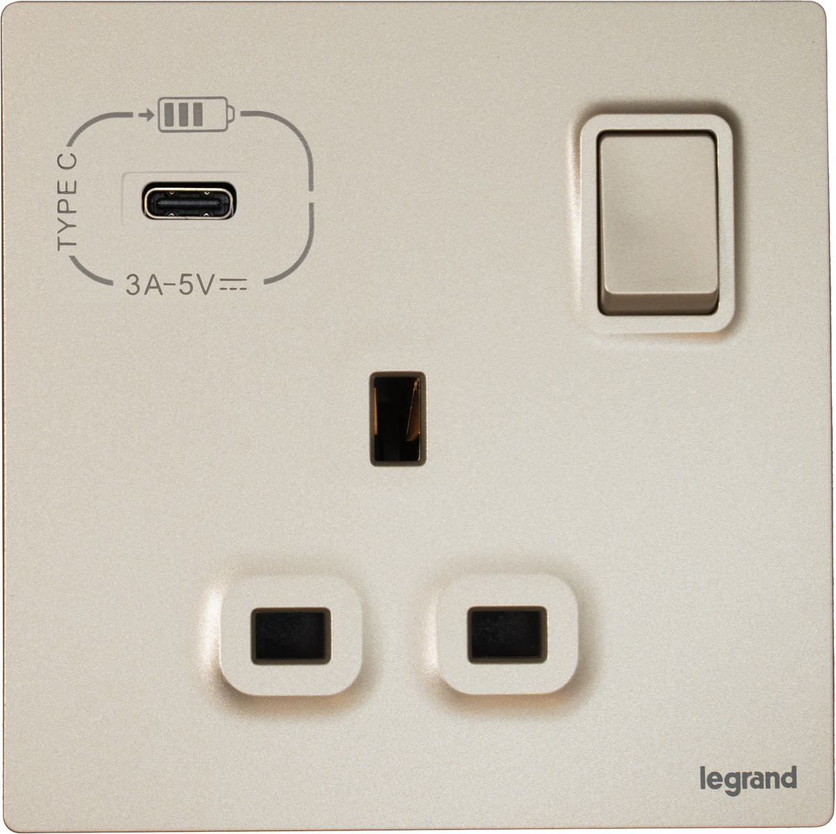 Legrand Mallia Senses 13A 單蘇有掣連Type C USB 香檳金