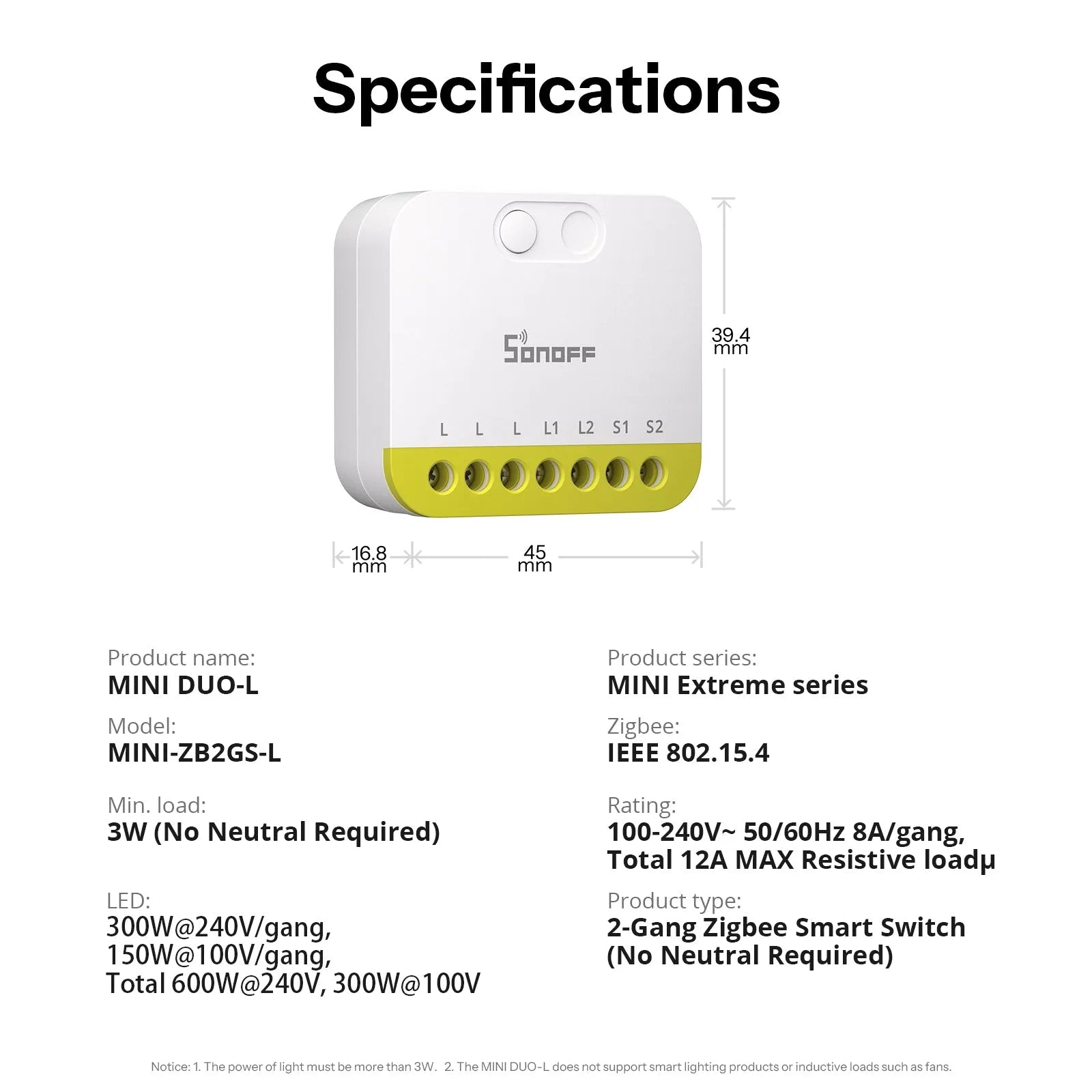 SONOFF MINI DUO-L 2路單火線 Zigbee 智慧開關 MINI-ZB2GS-L