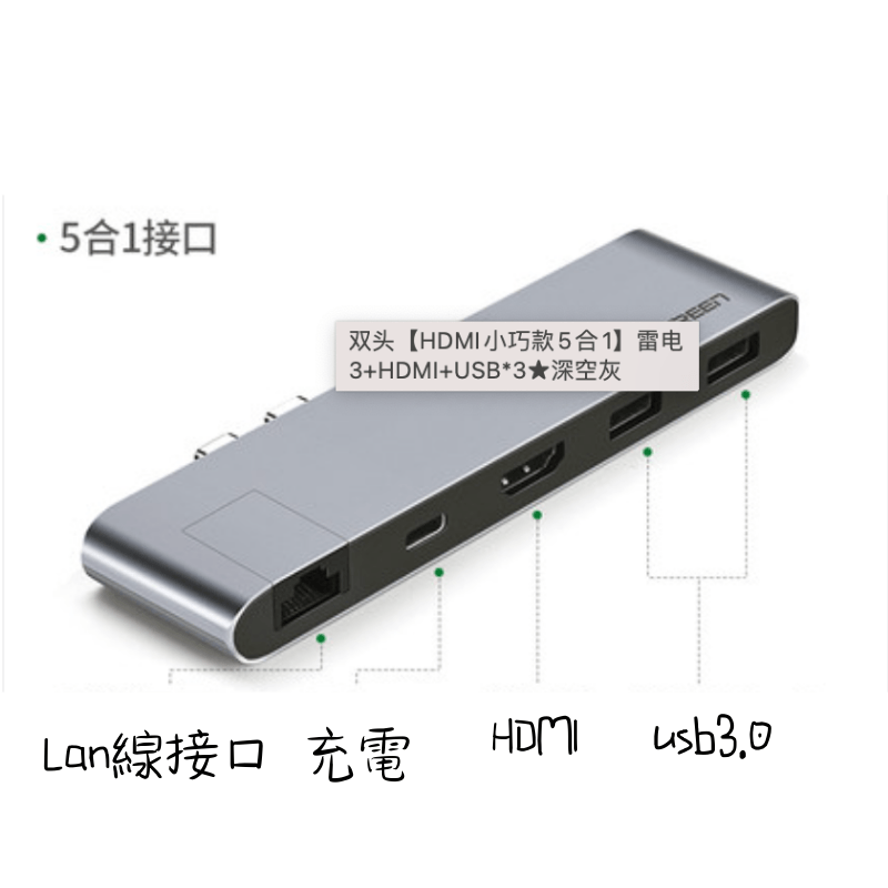 UGREEN 5合一 MacBook Air/Pro Type-C多功能雙頭擴充器 (Hdmi/usb/sd/tf插口） - LINKO Shop